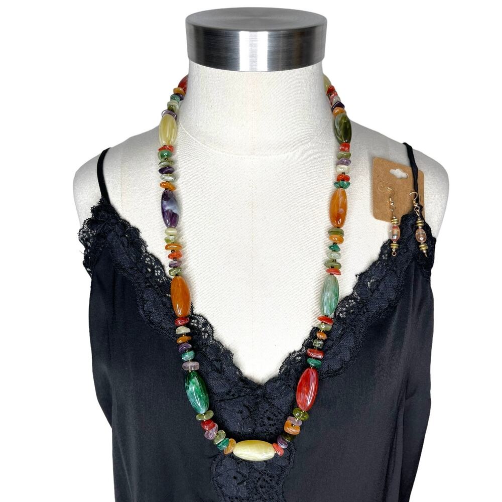 Vintage Acrylic Beaded Necklace and Dangle Earrings Set Multi Color Swirl Beads